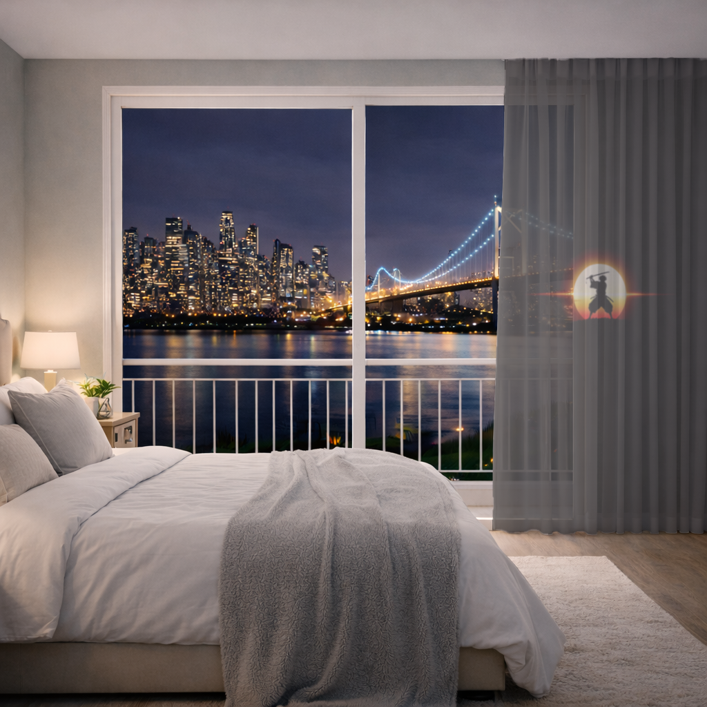 Samurai Silhouette Under the Rising Sun Honor and Strength Sheer Curtain