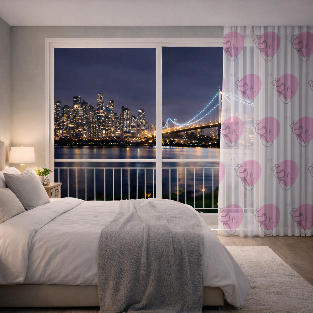 Cute Pink Lying Character Illustration Sheer Curtain