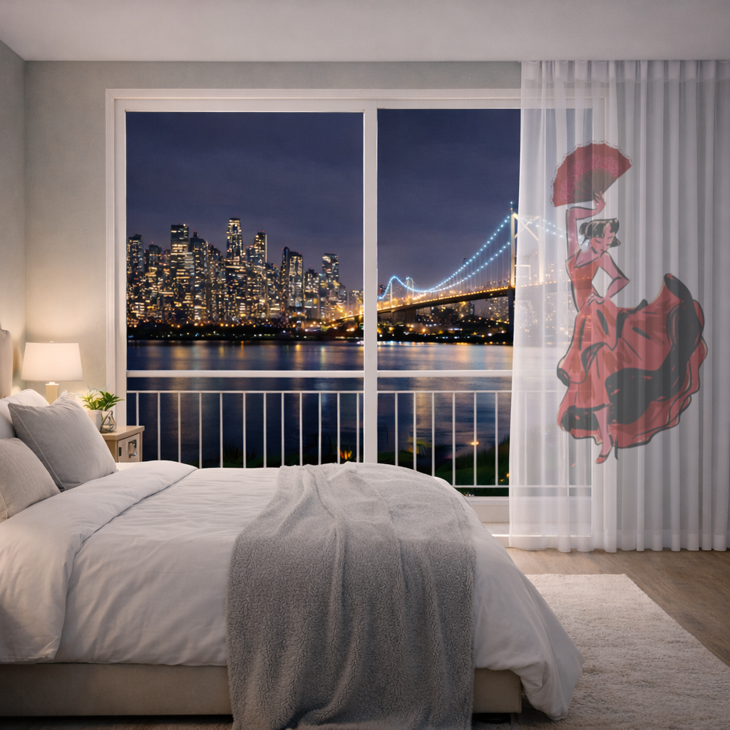 Flamenco Dancer with Fan Illustration Sheer Curtain