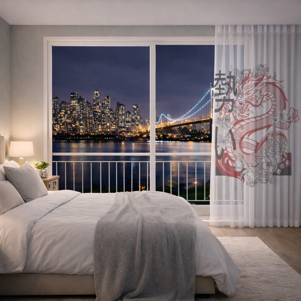 Japanese Dragon with Floral Design Sheer Curtain