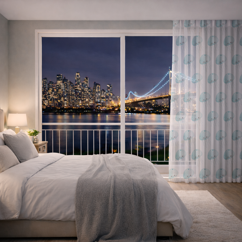 Cute Blue Jellyfish Character Sheer Curtain