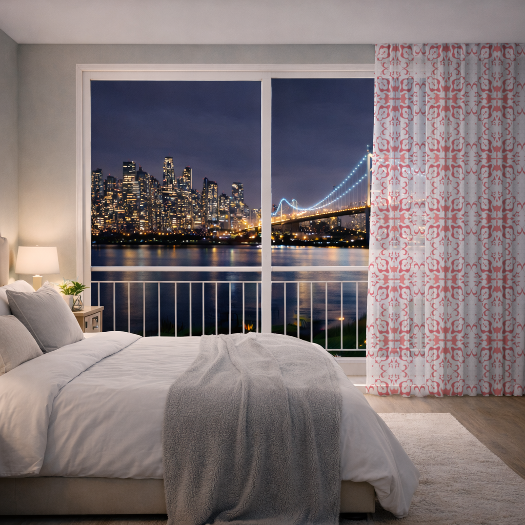 Red and White Traditional Tile Style Pattern Sheer Curtain