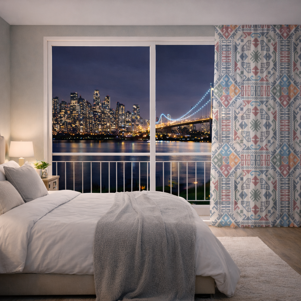 Çok Renkli Etnik Geometrik Motif Tül Perde