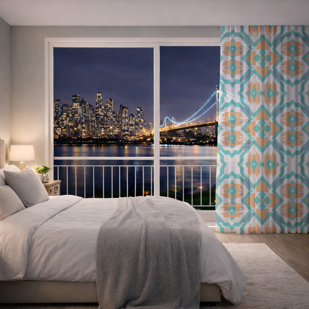 Orange and Turquoise Geometric Pattern Sheer Curtain