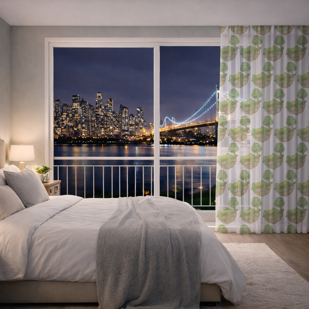 Kabuğunda Mutlu Gülen Yeşil Kaplumbağa Tül Perde