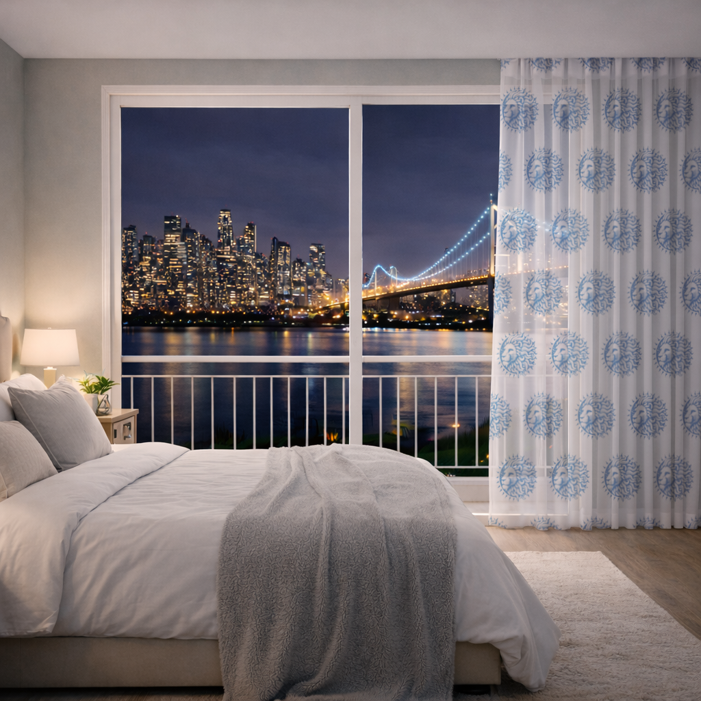 Leo Zodiac Sun and Moon Blue Motif Sheer Curtain