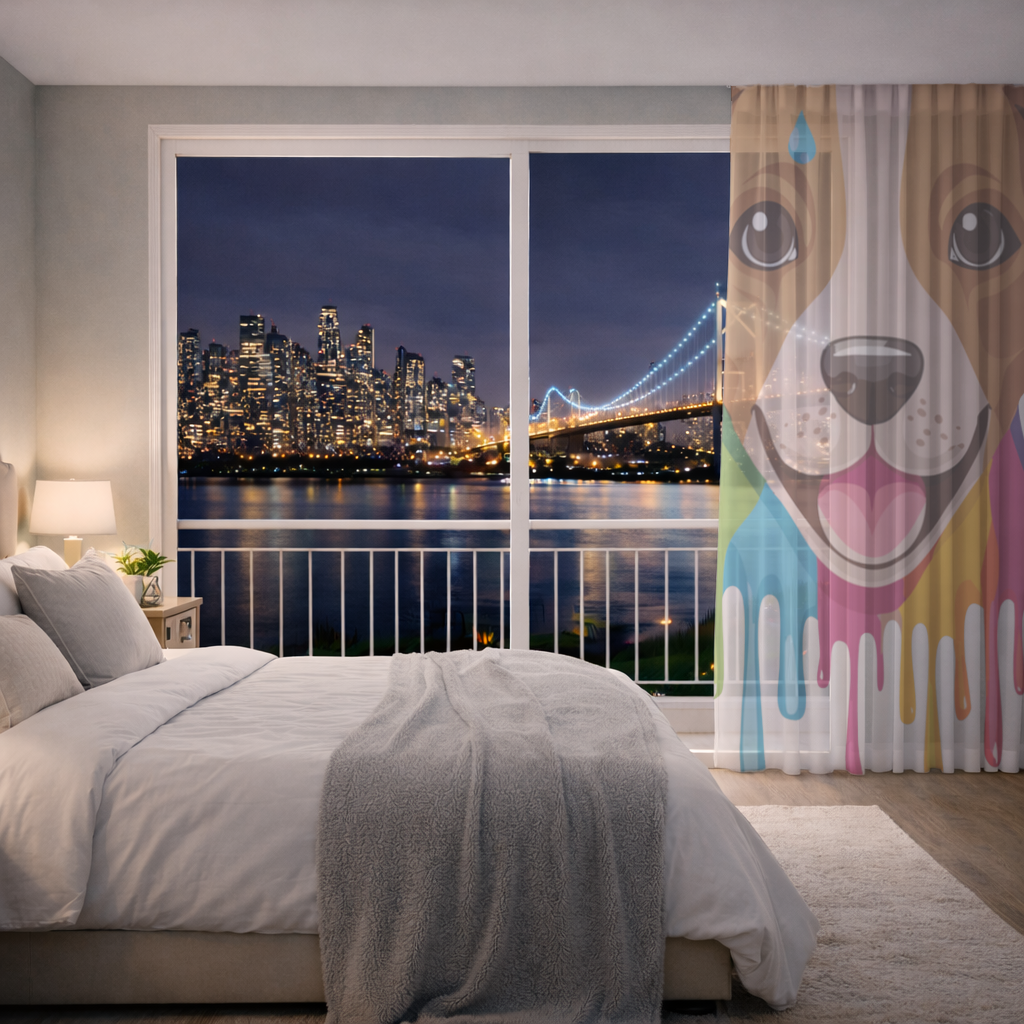 Renkli Boya Damlalı Mutlu Köpek Tasarımı Tül Perde