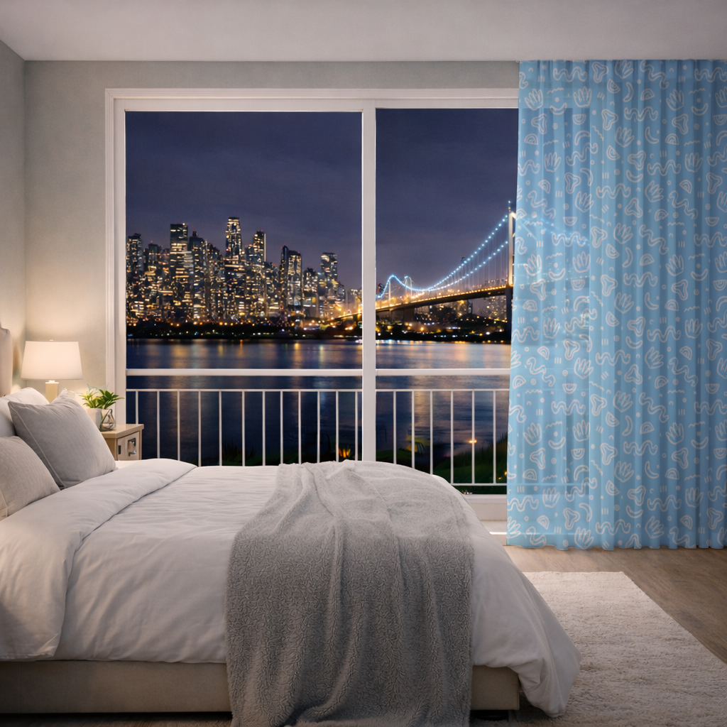 Blue Abstract Doodle Sheer Curtain