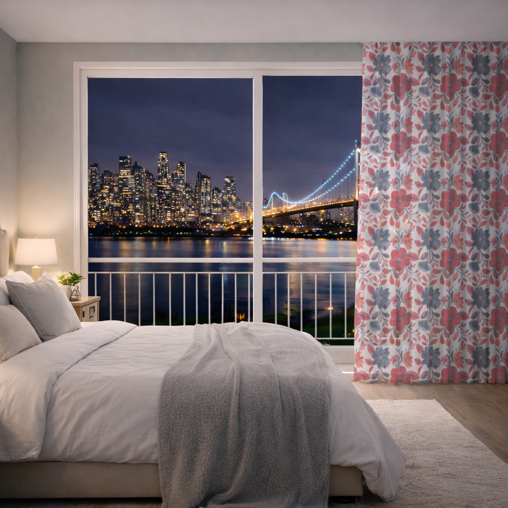 Watercolor Red Navy Floral Sheer Curtain