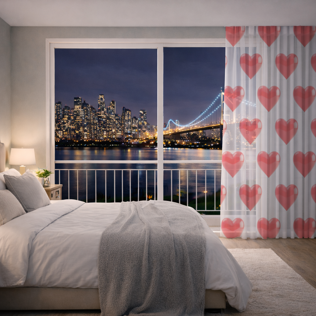 Glossy Red 3D Heart Sheer Curtain
