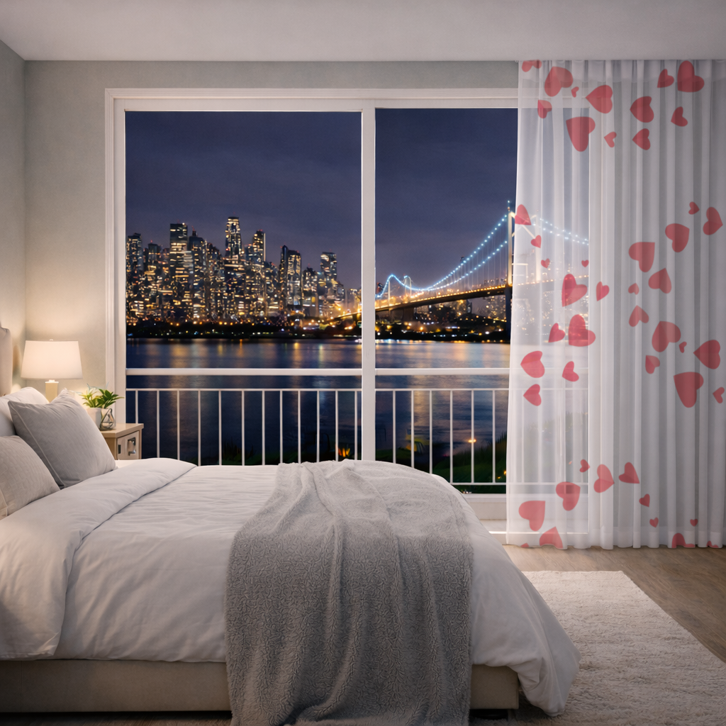 Red Hearts Frame Design Sheer Curtain