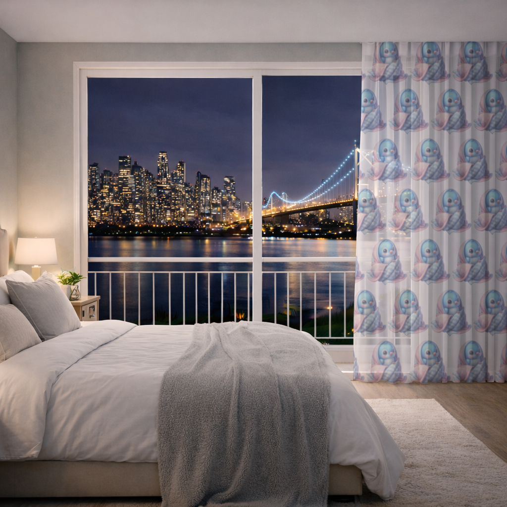 Kawaii Blue Bird in Blanket Sheer Curtain