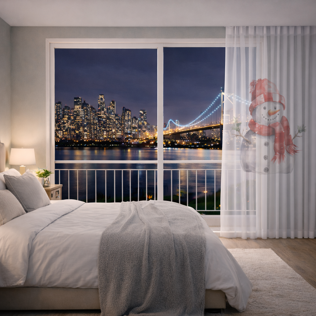 Cozy Red Scarf Snowman Sheer Curtain