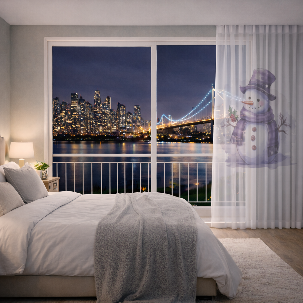 Whimsical Purple Snowman Sheer Curtain