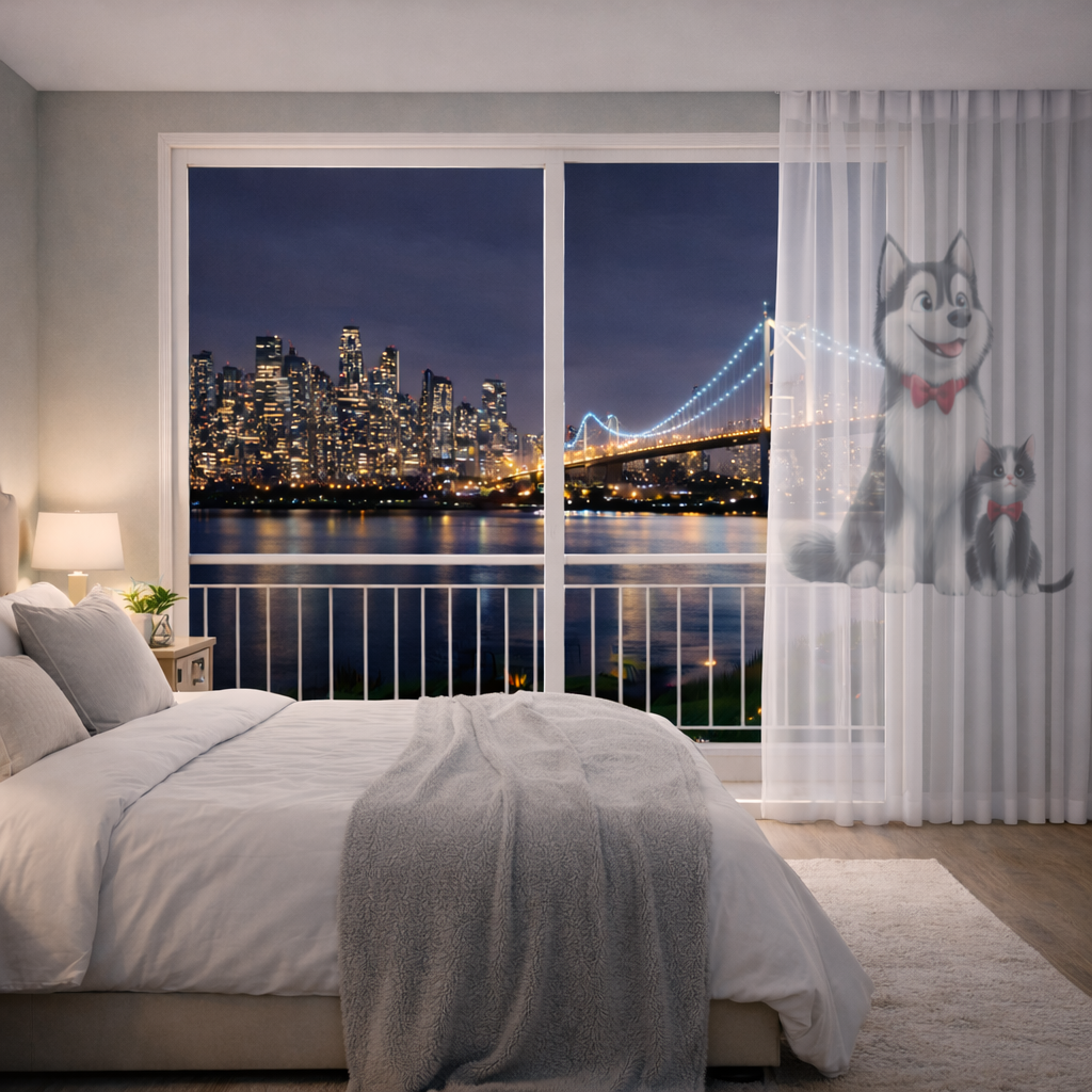 Cute Husky and Kitten with Red Bowties Sheer Curtain