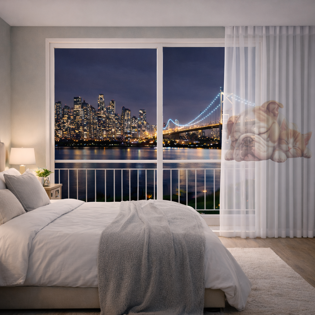 Sleeping Bulldog and Ginger Kitten Sheer Curtain