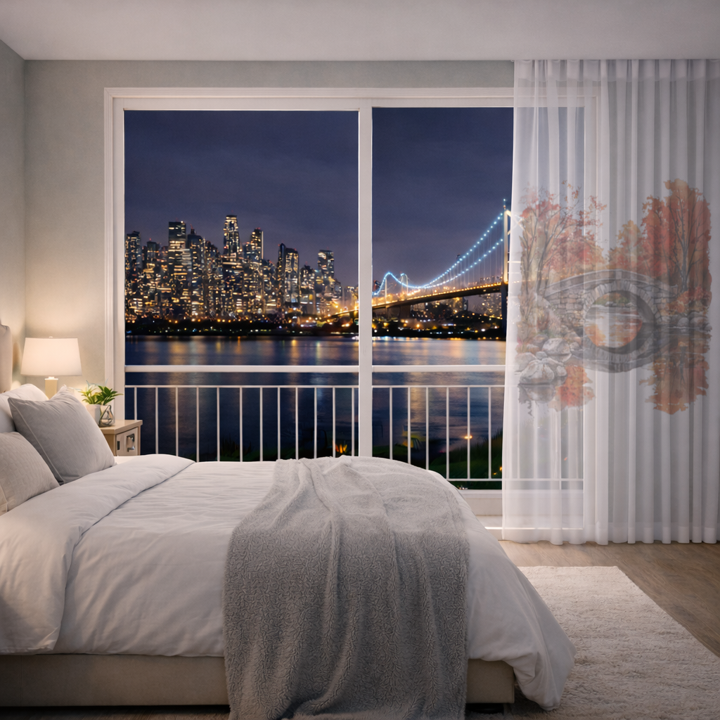 Autumn Stone Arch Bridge Over River Sheer Curtain