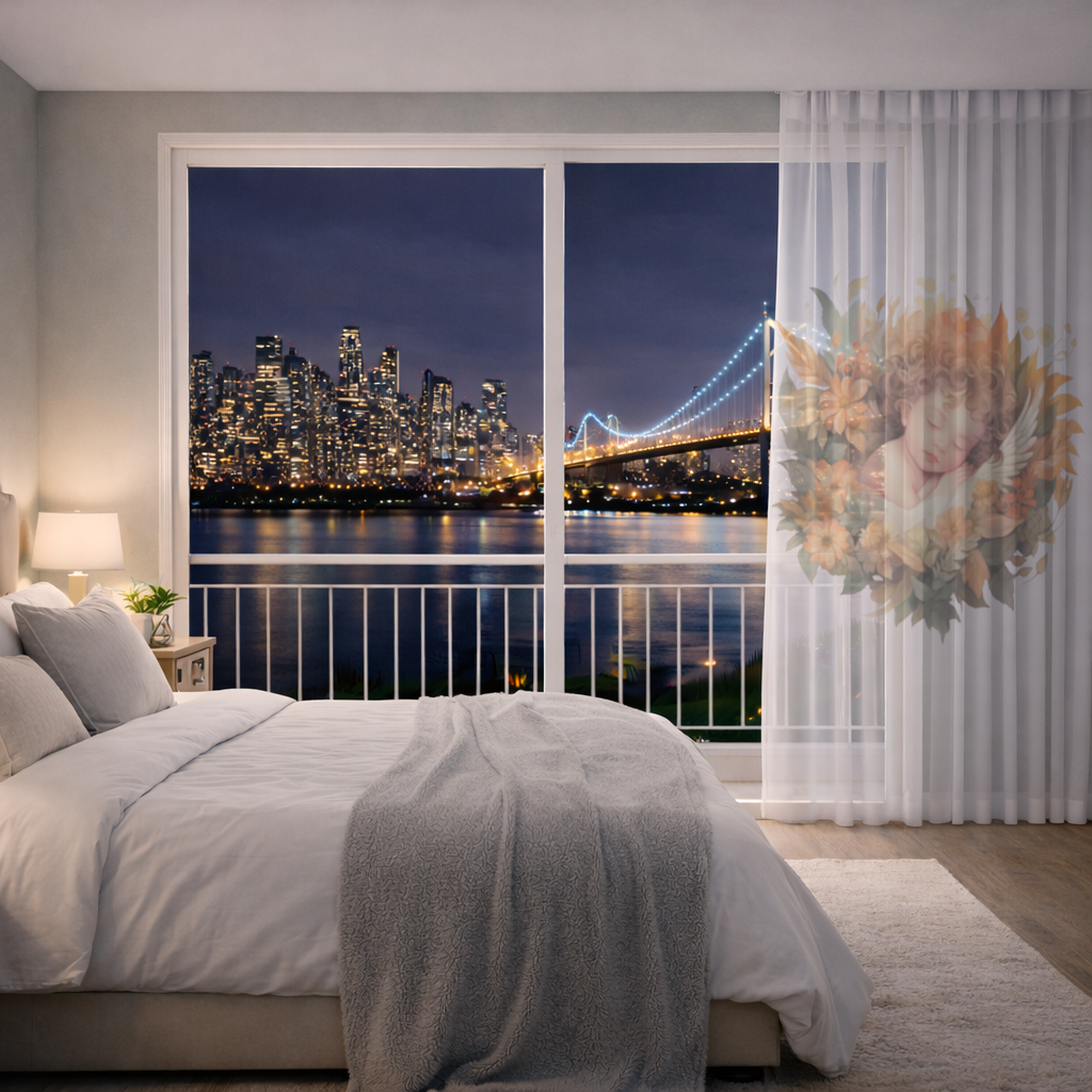 Sleeping Cherub in Cottagecore Flowers Sheer Curtain