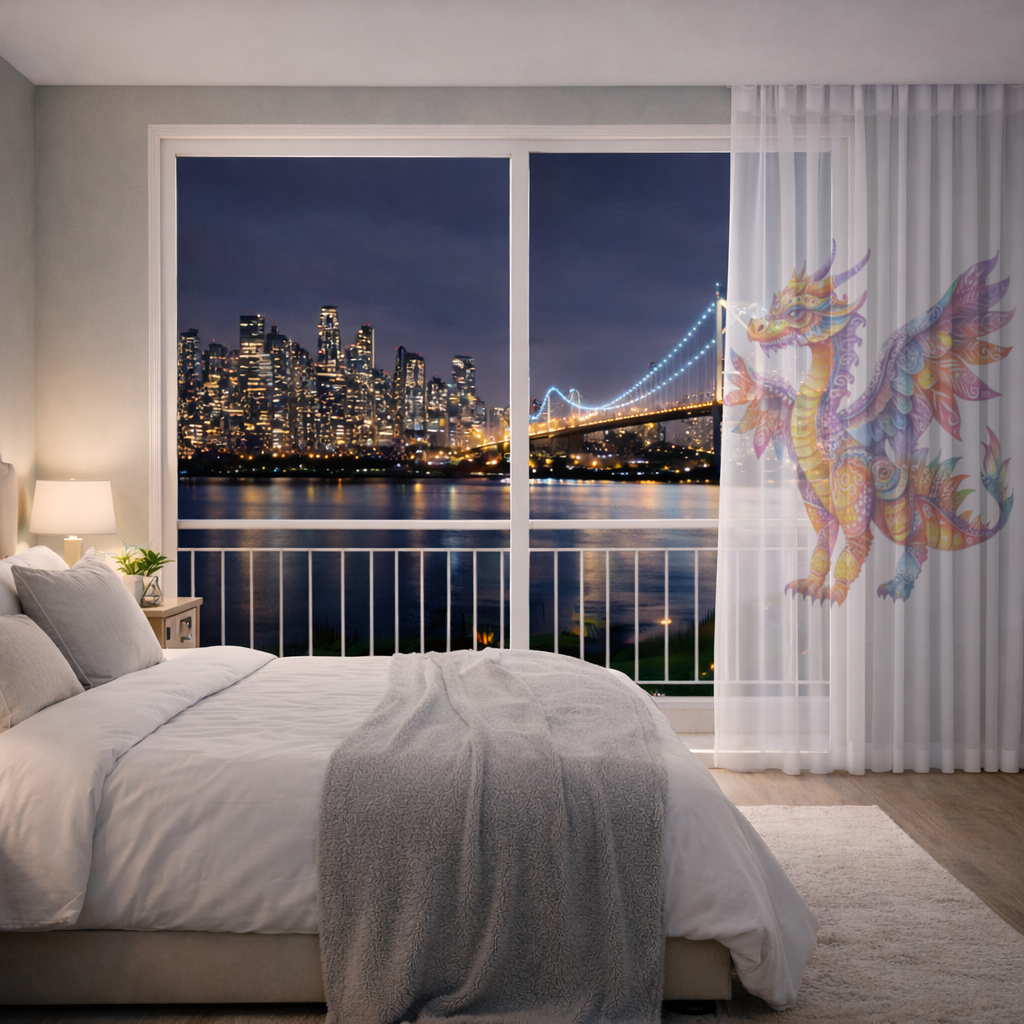 Vibrant Rainbow Mythical Dragon Sheer Curtain