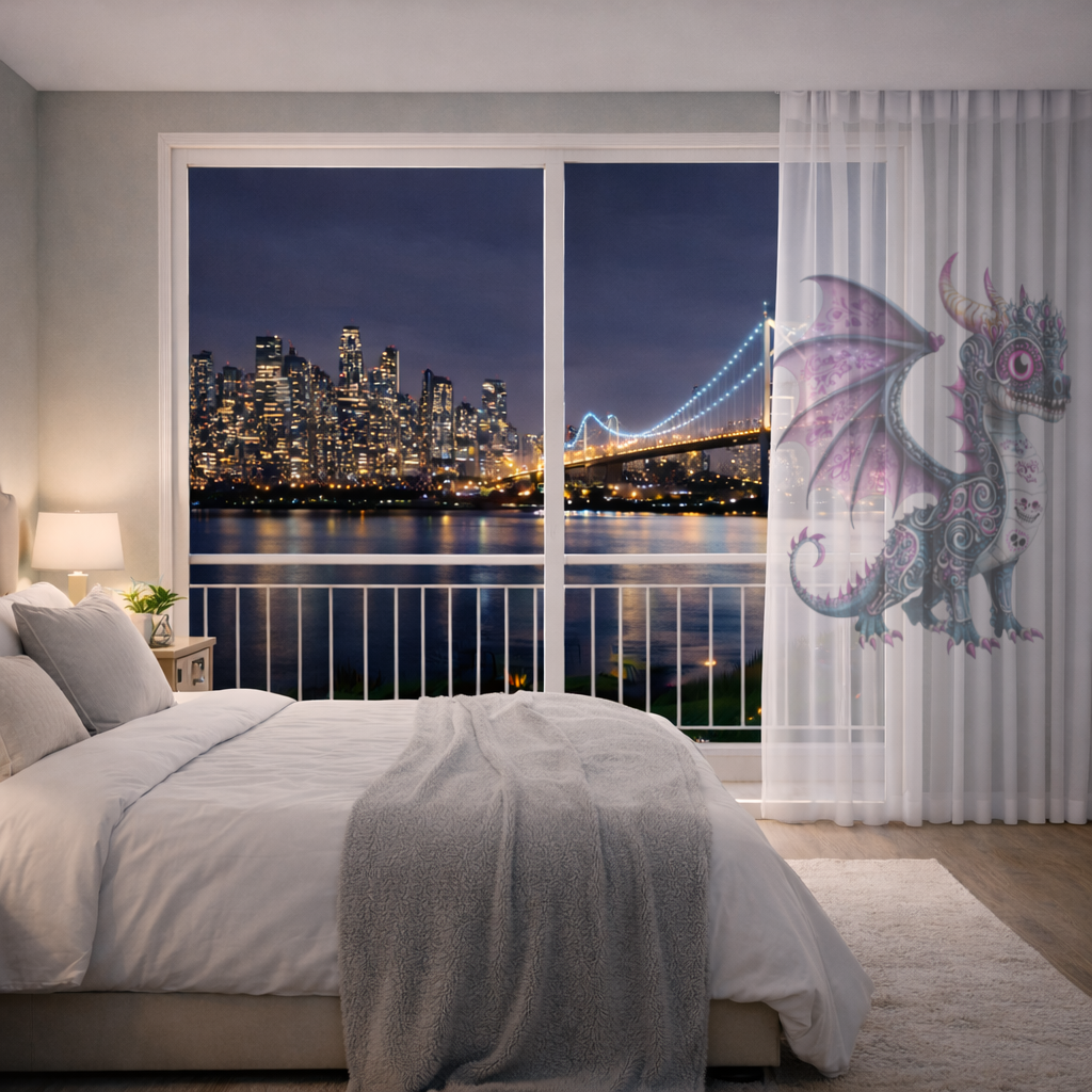 Purple Sugar Skull Dragon Sheer Curtain