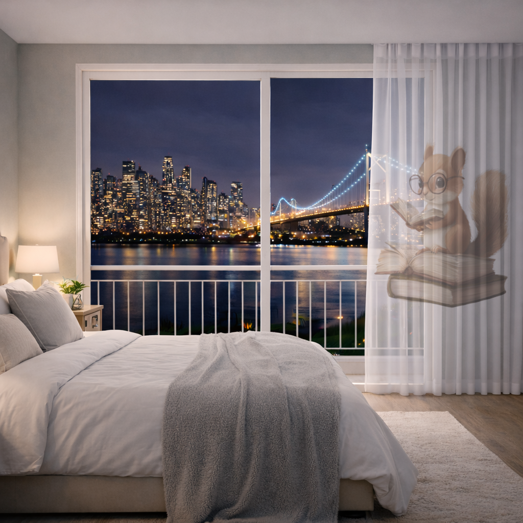 Scholarly Squirrel Reading on Book Stack Sheer Curtain