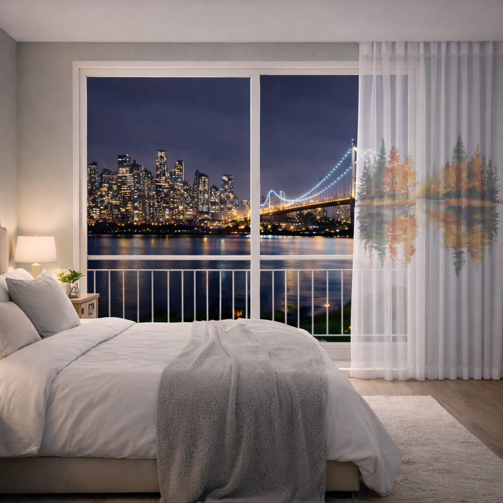 Autumn Forest Lake Reflection Sheer Curtain