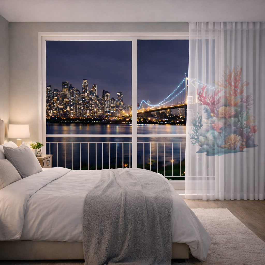 Vibrant Watercolor Coral Reef Scene Sheer Curtain