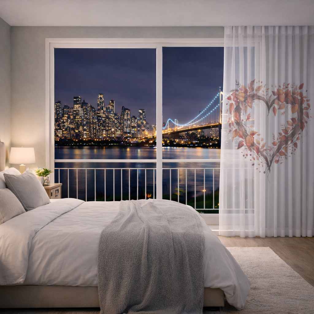 Autumn Leaves Heart Wreath Sheer Curtain