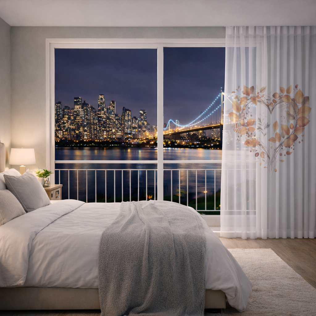 Orange Autumn Leaves Heart Sheer Curtain