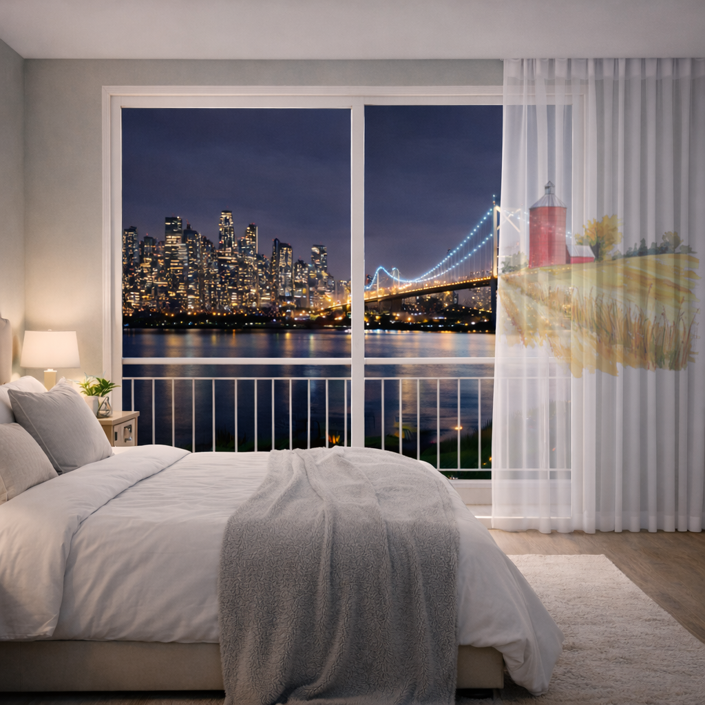 Kırmızı Silo ve Altın Buğday Tarlası Tül Perde