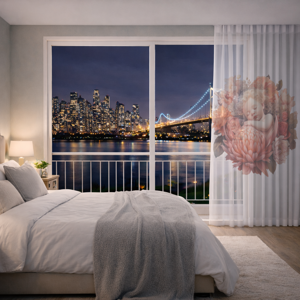 Çiçekler İçinde Uyuyan Masalsı Bebek Tül Perde