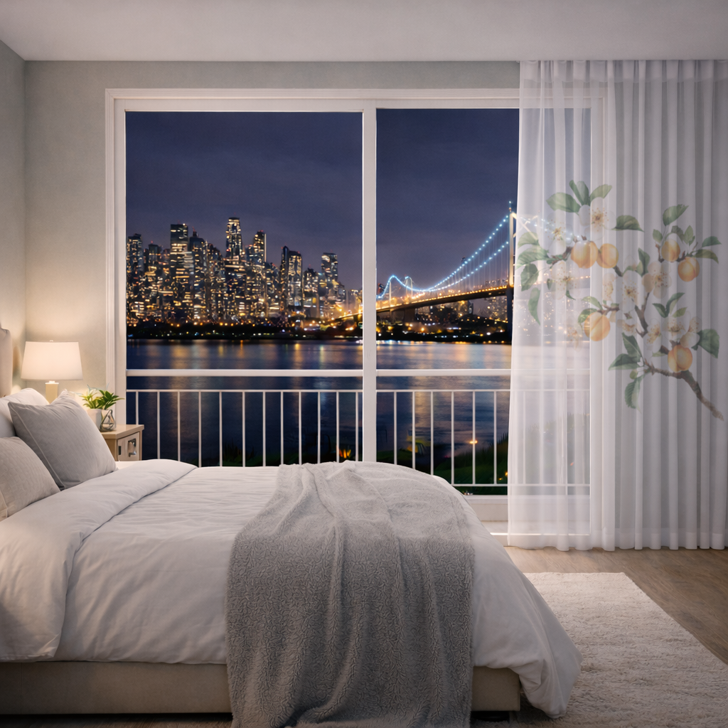 Watercolor Apricot Blossom Branch Sheer Curtain