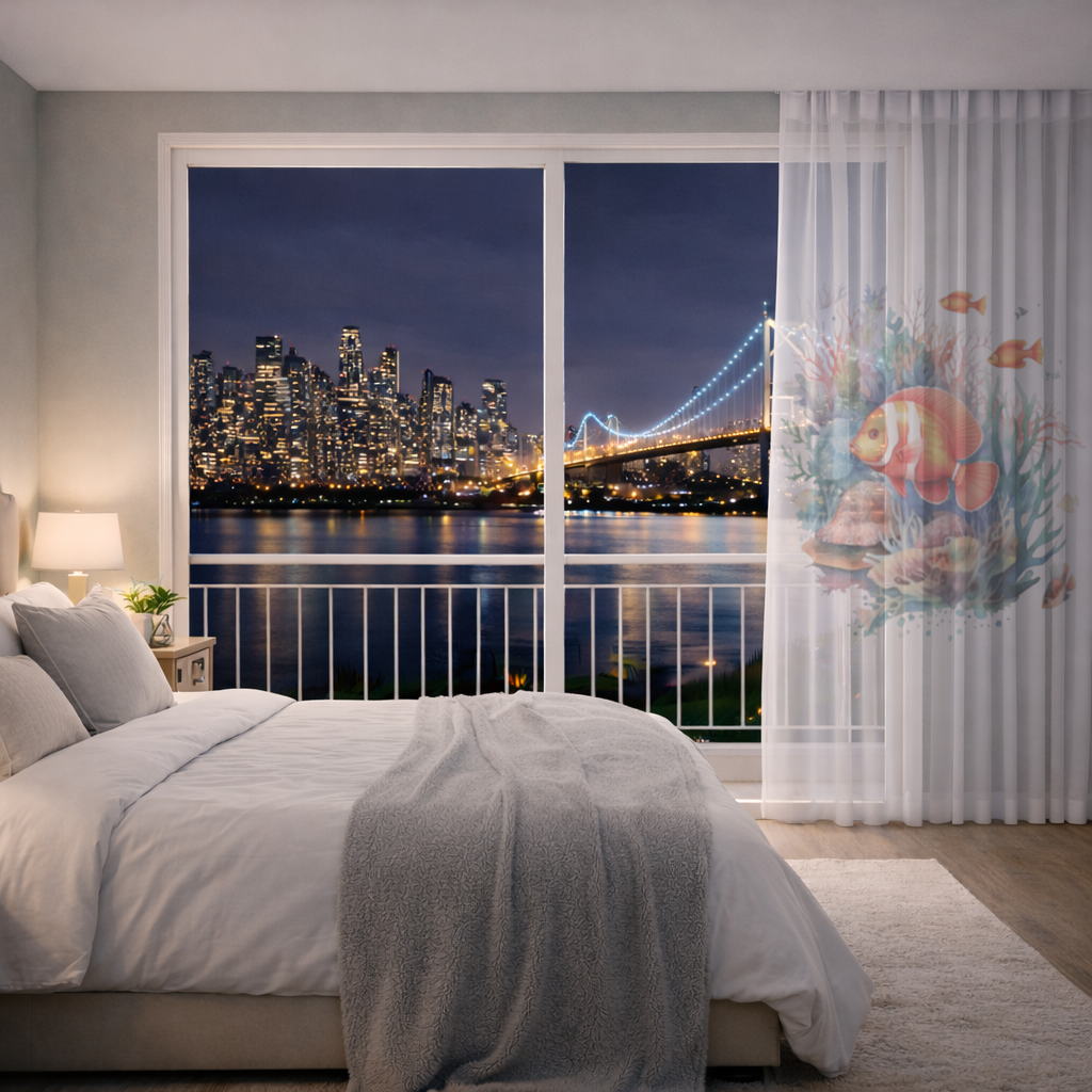 Watercolor Clownfish and Tropical Coral Reef Sheer Curtain