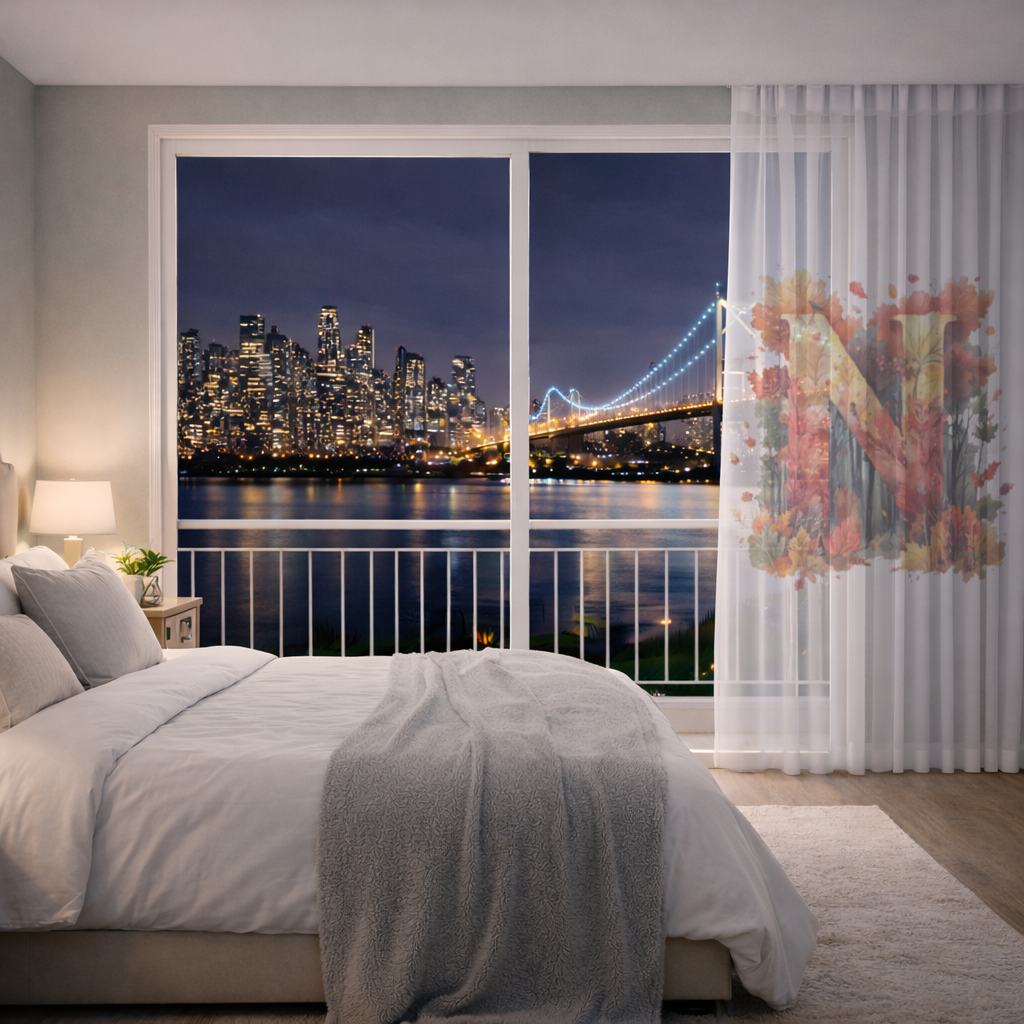 Sonbahar Yapraklı N Harfi Tül Perde