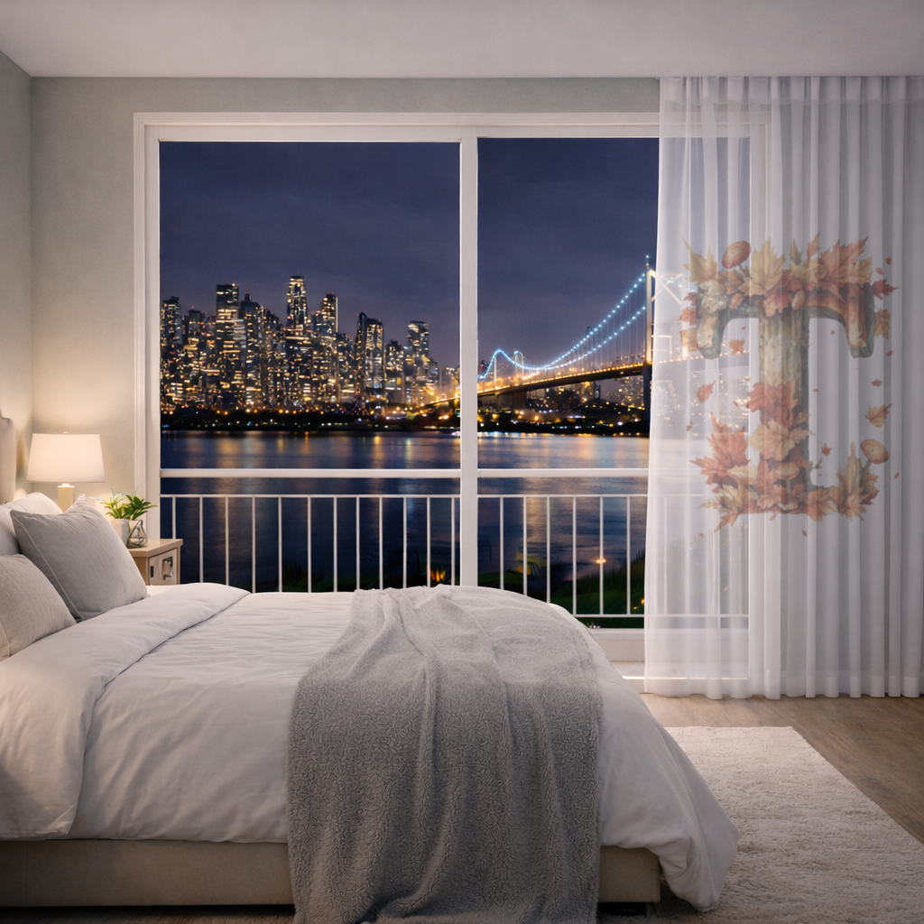 Sonbahar Yapraklı Odunsu T Harfi Tül Perde