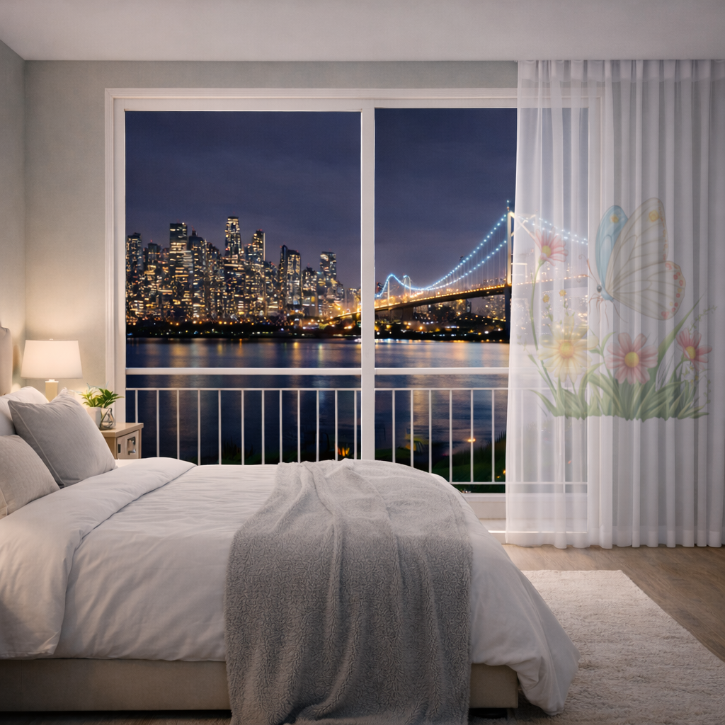 Whimsical Pastel Butterfly and Wildflowers Sheer Curtain