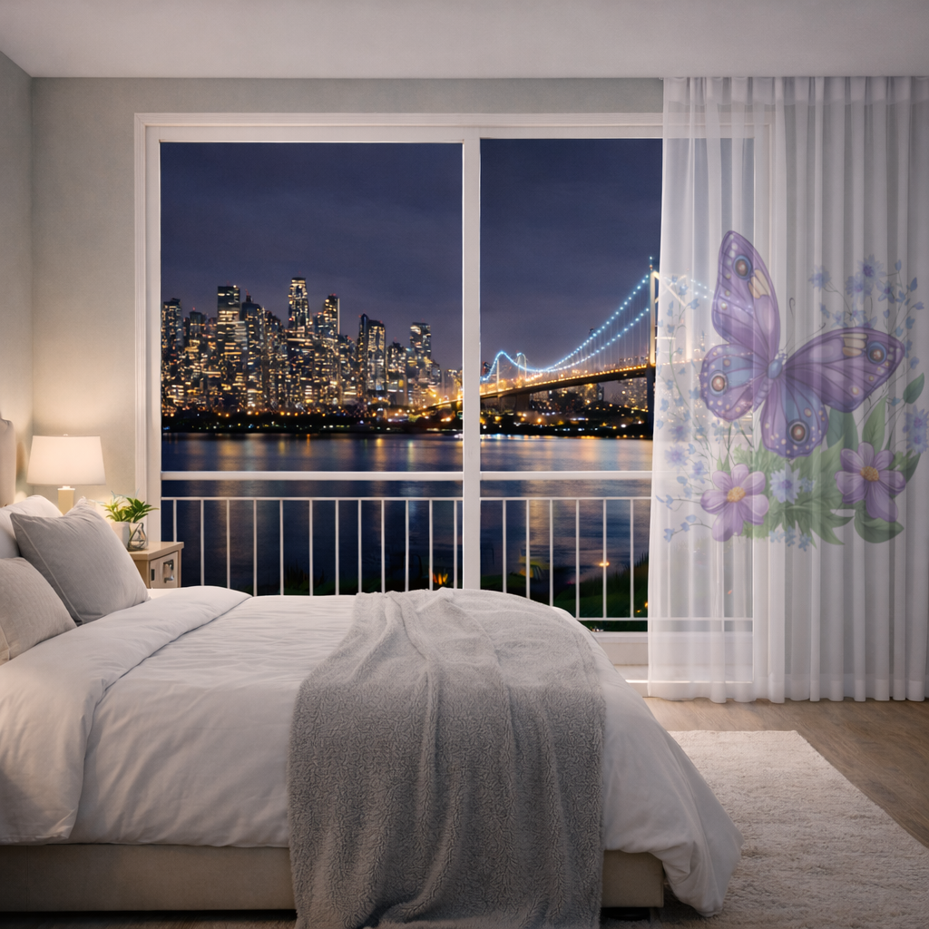 Mor Kelebek ve Mavi Kır Çiçekleri Tül Perde