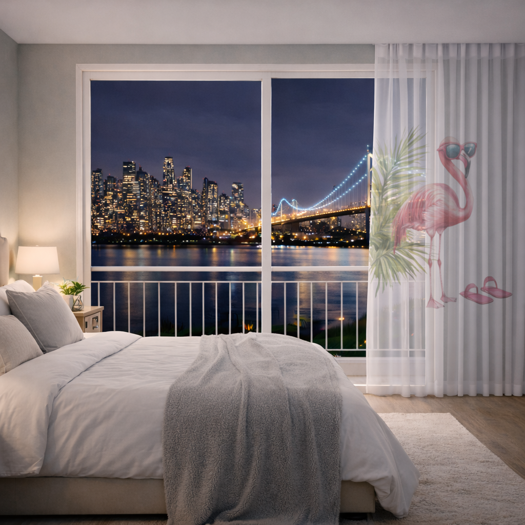 Güneş Gözlüklü Pembe Flamingo Tül Perde