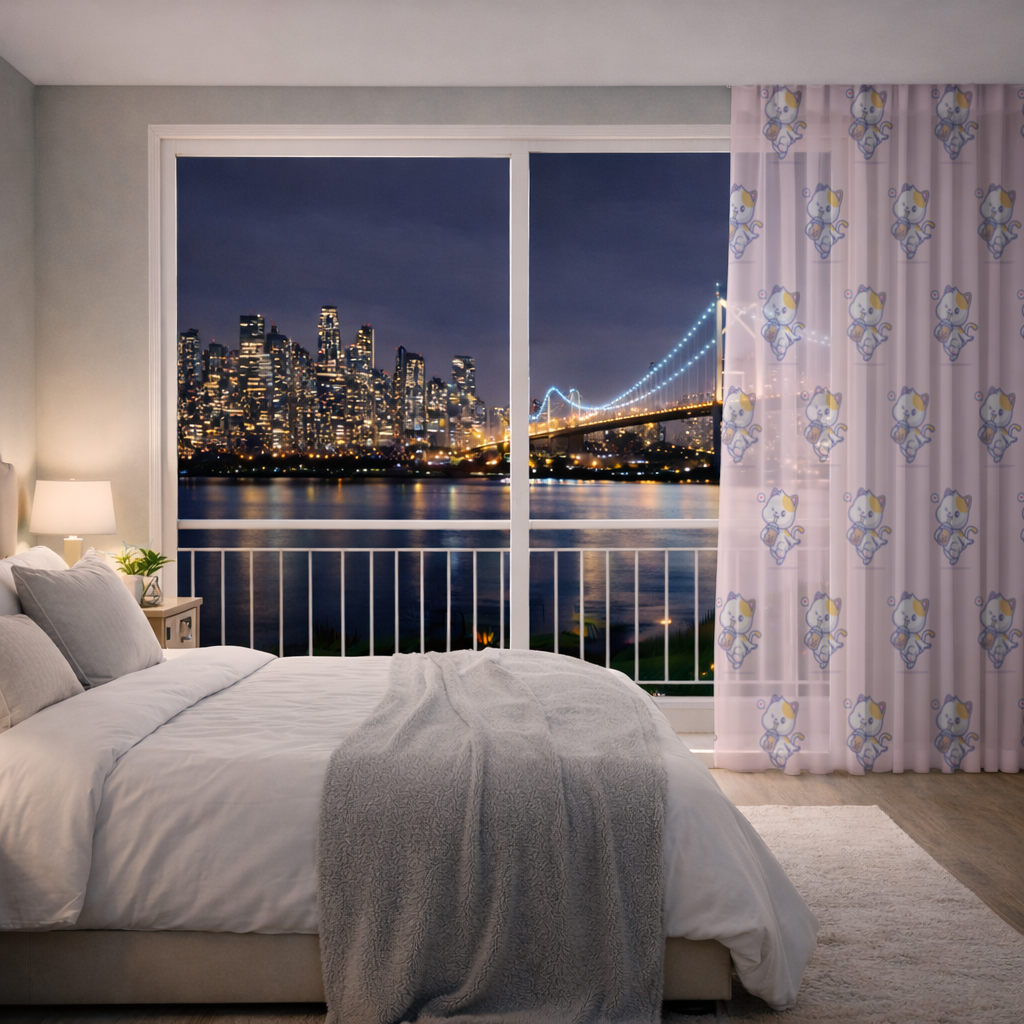 Kawaii Cat Drinking Boba Tea Sheer Curtain