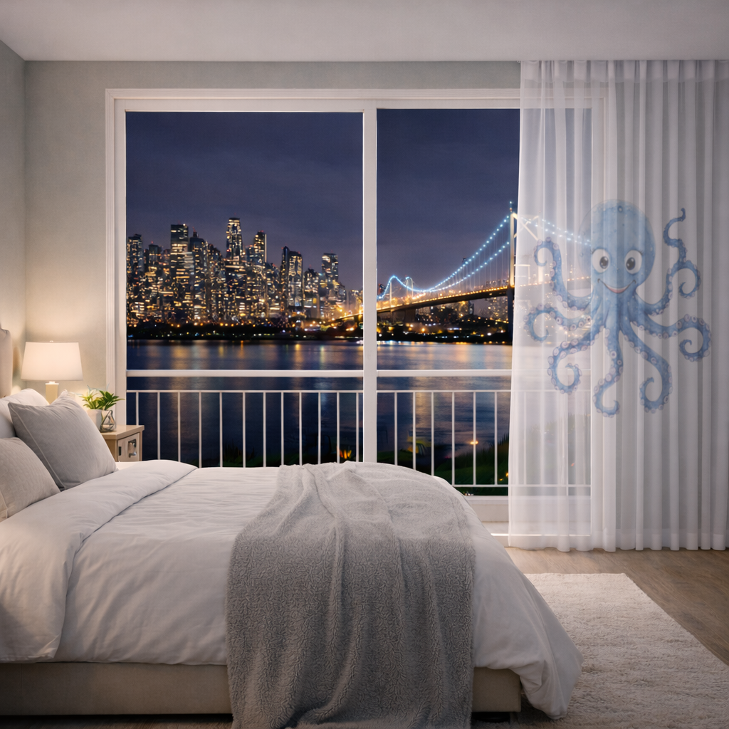 Sevimli Mavi Suluboya Ahtapot Tül Perde