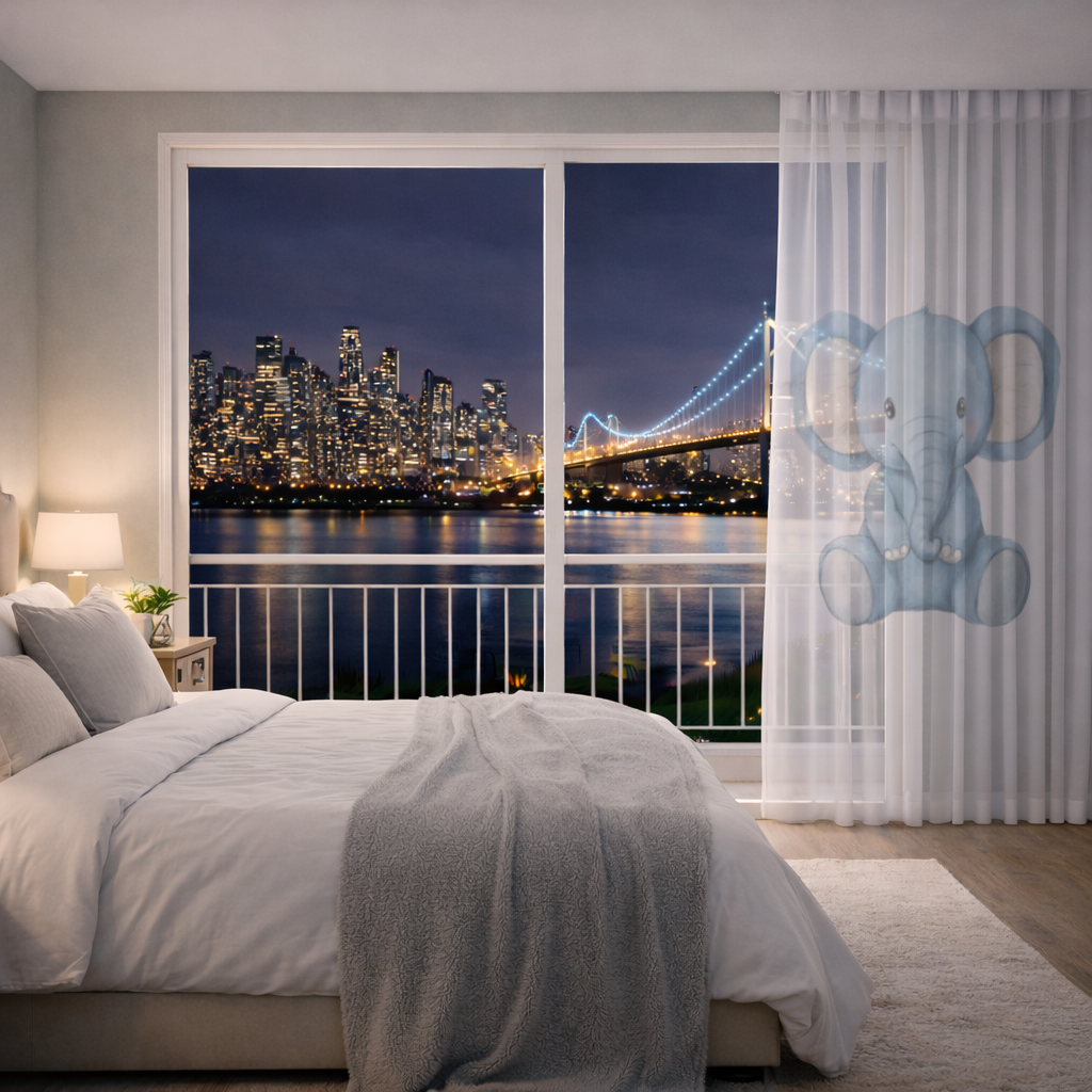 Mavi Suluboya Bebek Fil Tül Perde