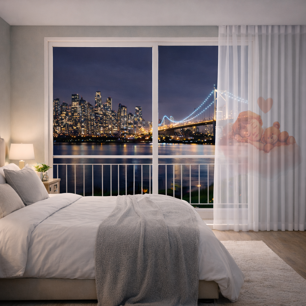 Bulut Üstünde Uyuyan Bebek ve Ayıcık Tül Perde