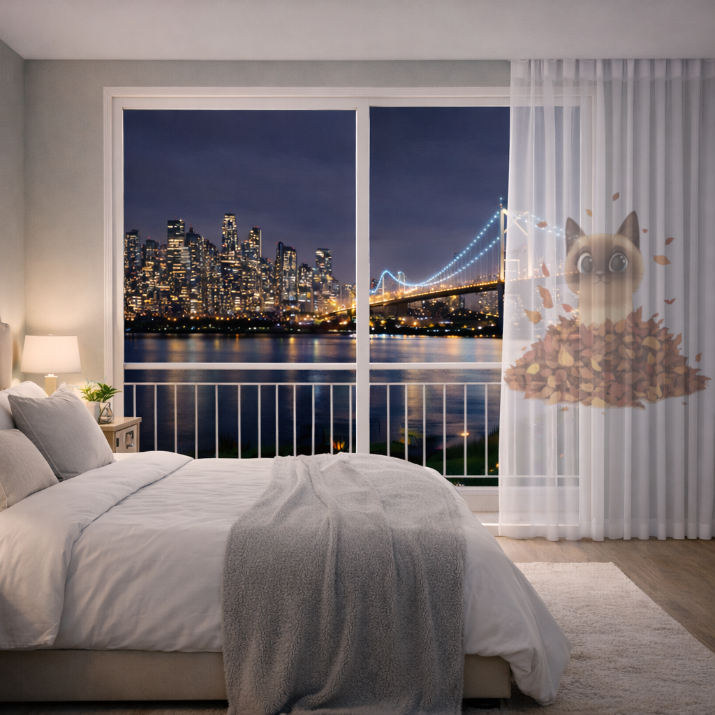 Siamese Cat in Autumn Leaf Pile Sheer Curtain