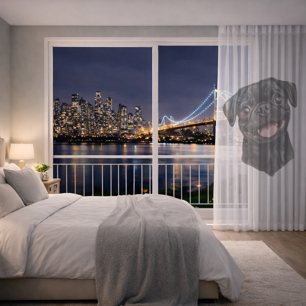 Gülümseyen Siyah Pug Köpek Tül Perde
