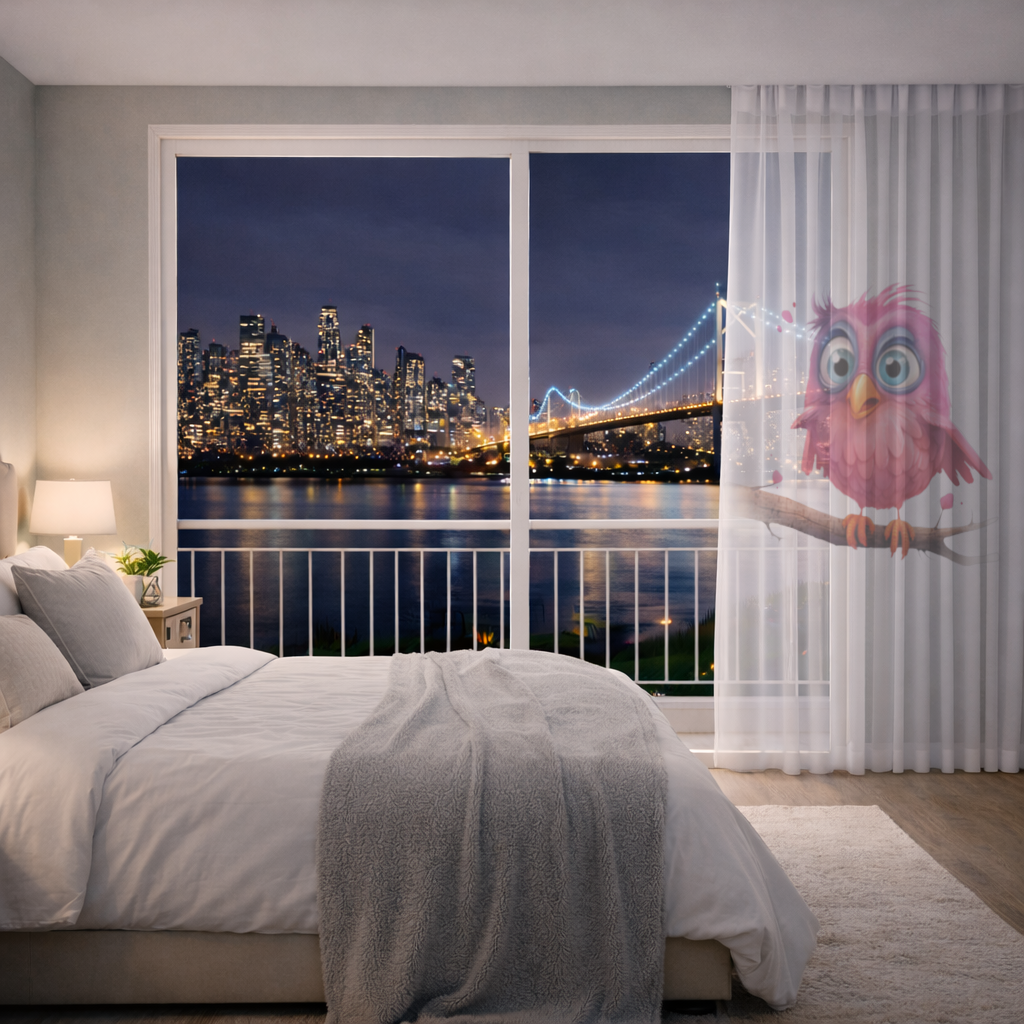 Cute Pink Bird with Large Blue Eyes Sheer Curtain
