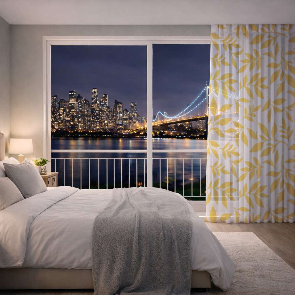 Mustard Yellow Botanical Leaves Sheer Curtain