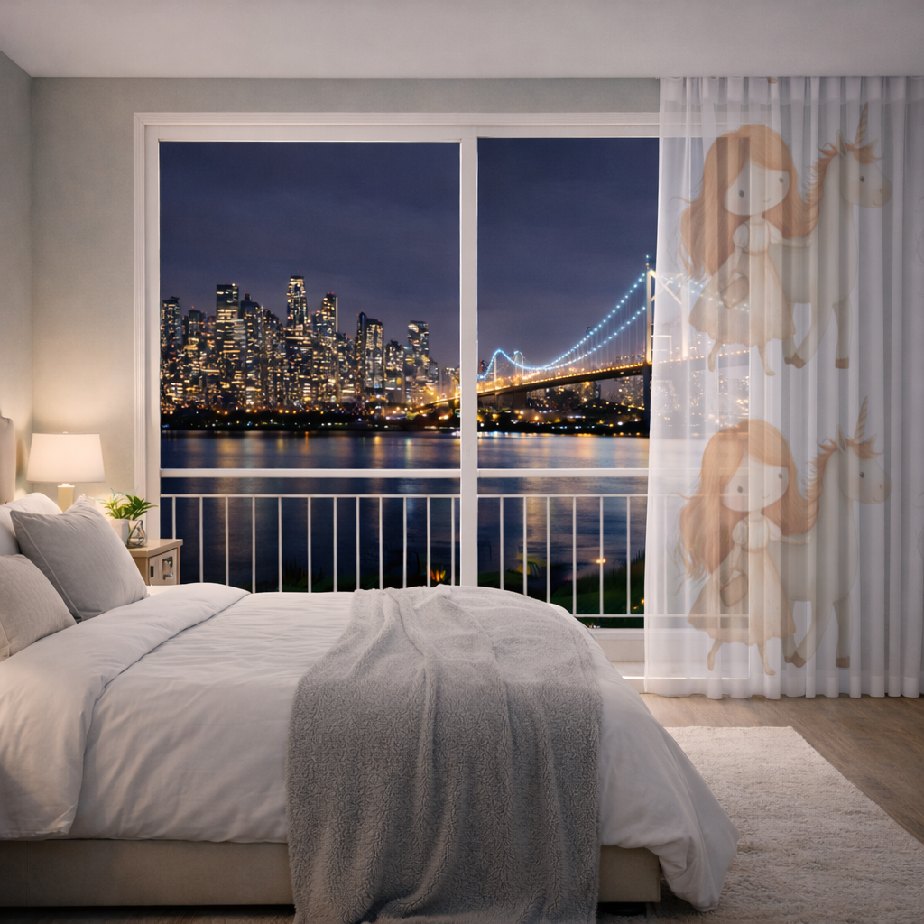 Ginger Girl with Whimsical White Unicorn Sheer Curtain