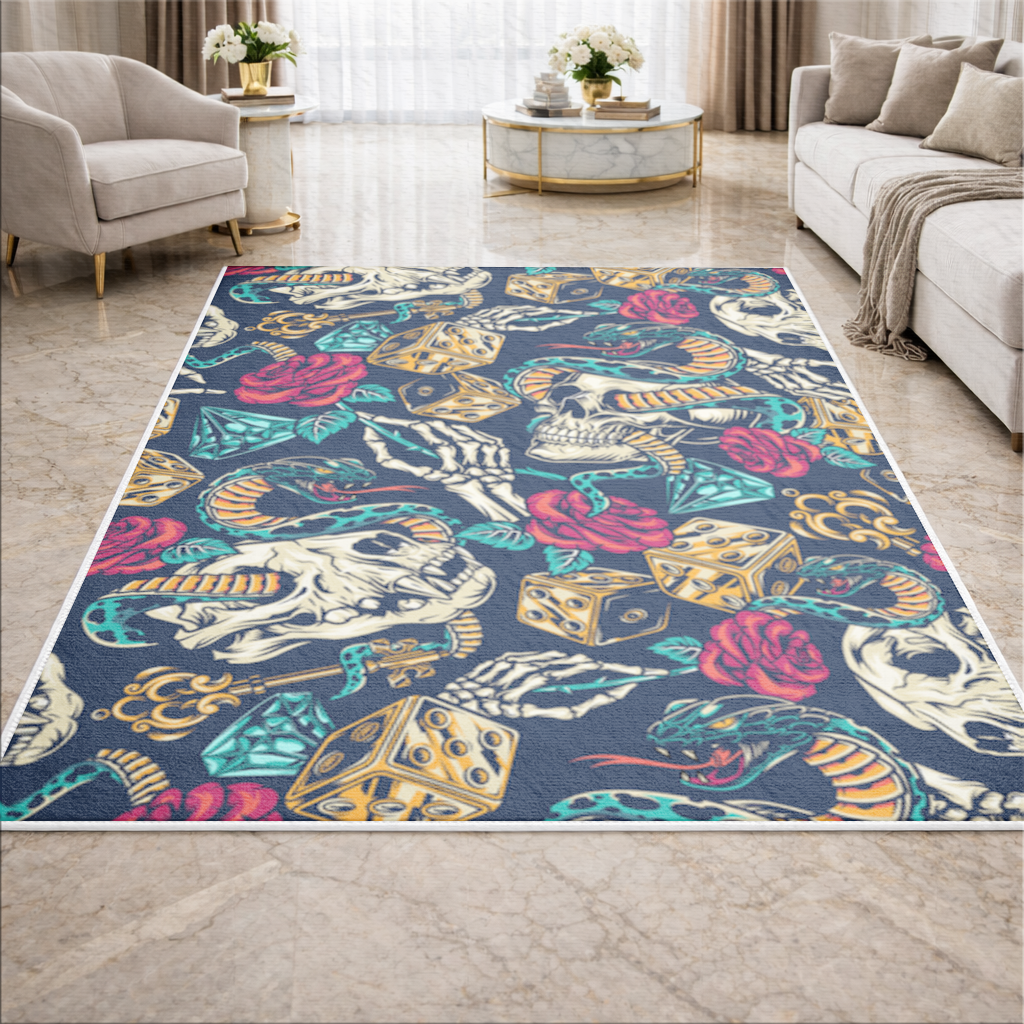 Skull Snake Dice and Roses Pattern Living room carpet