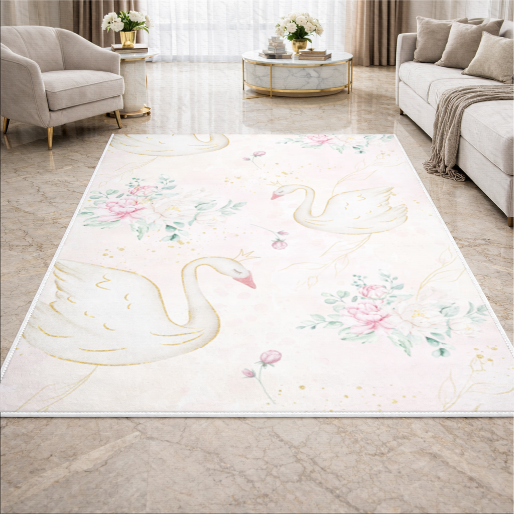 Pastel Watercolor Swan Floral Pattern Living room carpet