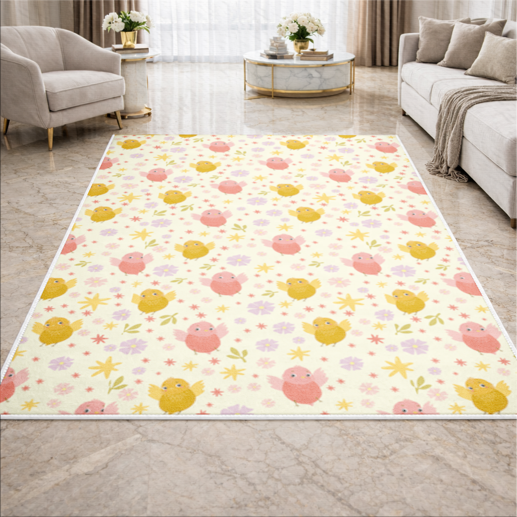 Sevimli Kuşlar ve Çiçekler Desenli Pastel Bahar İllüstrasyonu Salon Halısı